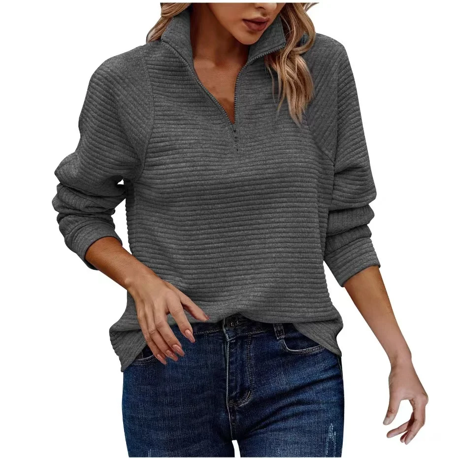 2025 Autumn Women Sweatershirt Black Solid Long Sleeve Zipper Stand Collar Pullover Female Fashion Casual Loose Casual Hoodies
