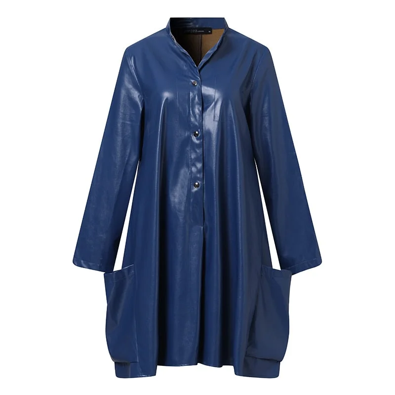 ZANZEA Fashion Autumn Women Sundress Lapel Neck Long Sleeve PU Leather Dress Robe Femme Party Dress Casual Loose Shirt Vestidos