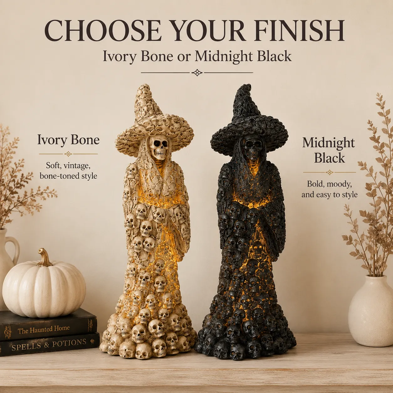 Midnight Black and Ivory Bone skull witch statue finish options