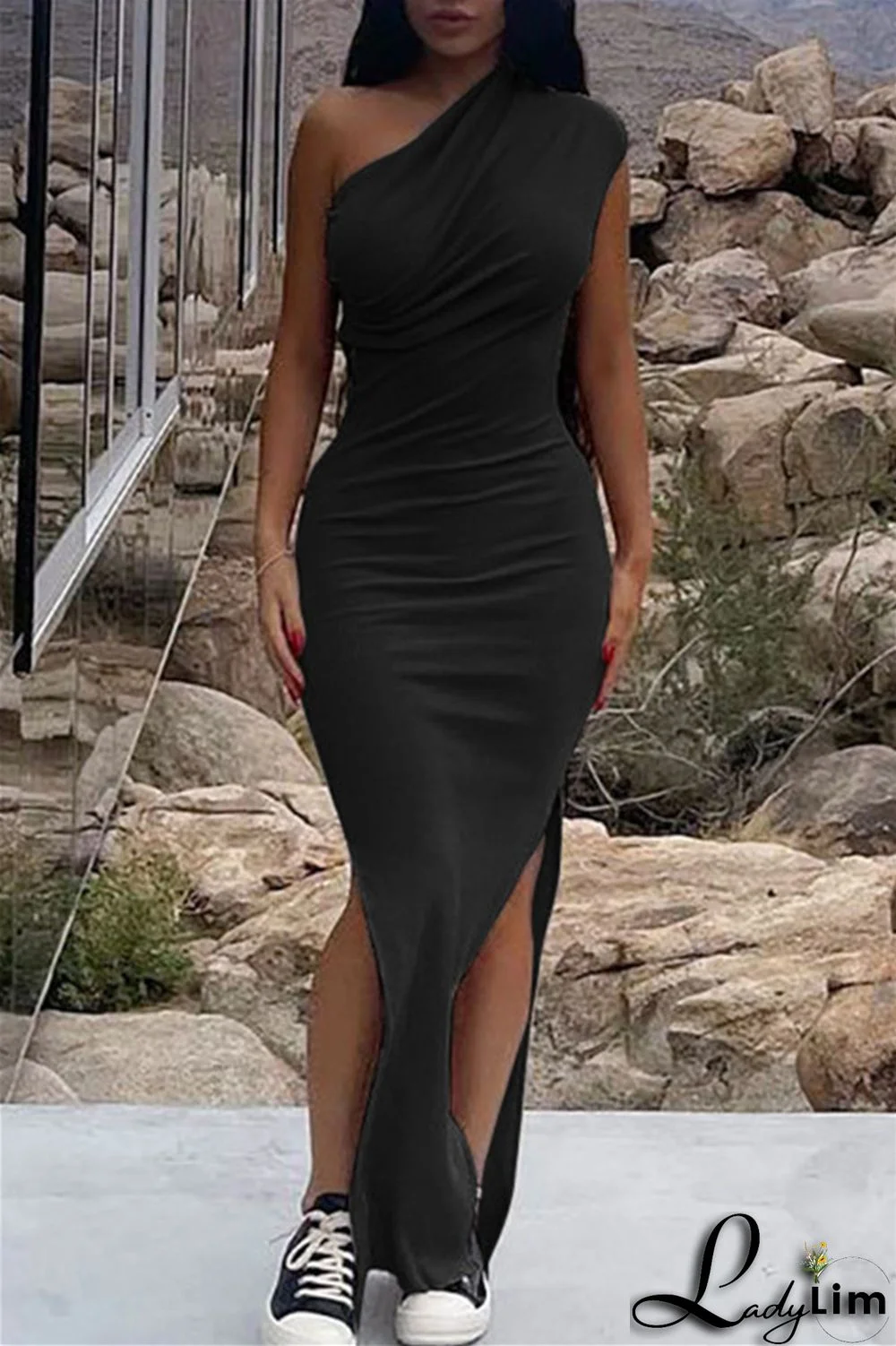 Black Fashion Sexy Solid Slit Oblique Collar Long Dress