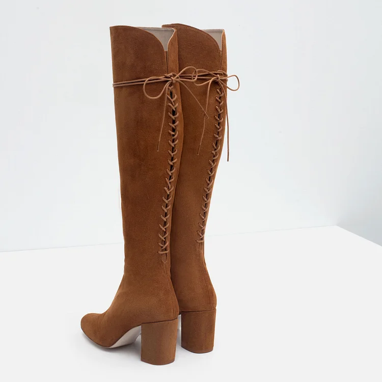 Tan Suede Knee High Boots with Chunky Heel and Back Lace-up Vdcoo