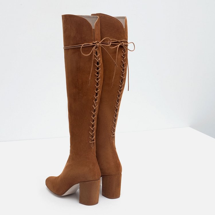 Tan Suede Long Boots Back Lace up Chunky Heel Knee High Boots |FSJ Shoes