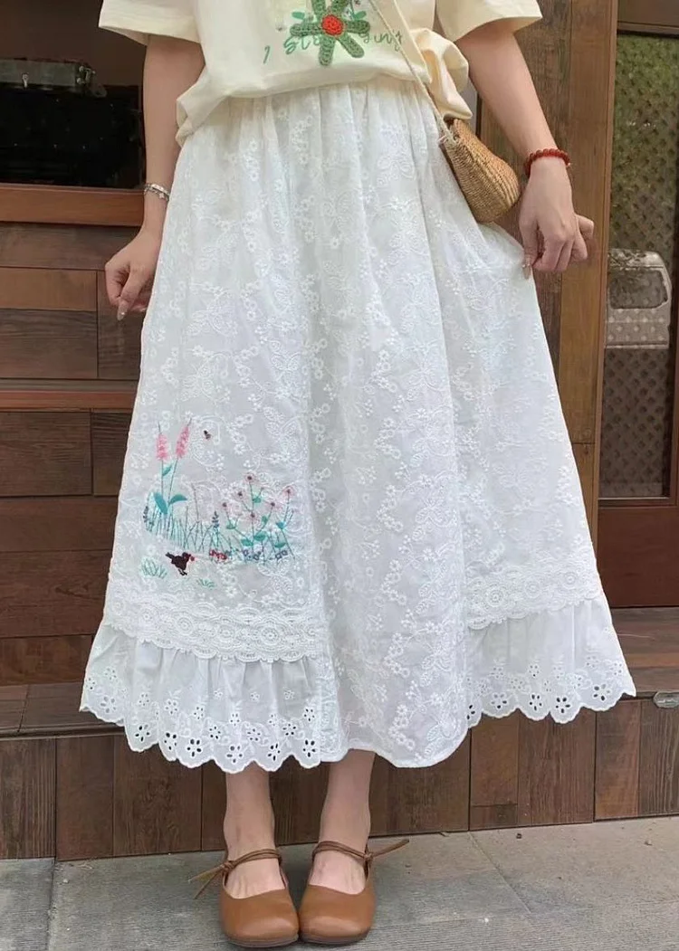 Classy White Embroideried Elastic Waist Cotton Skirt Summer