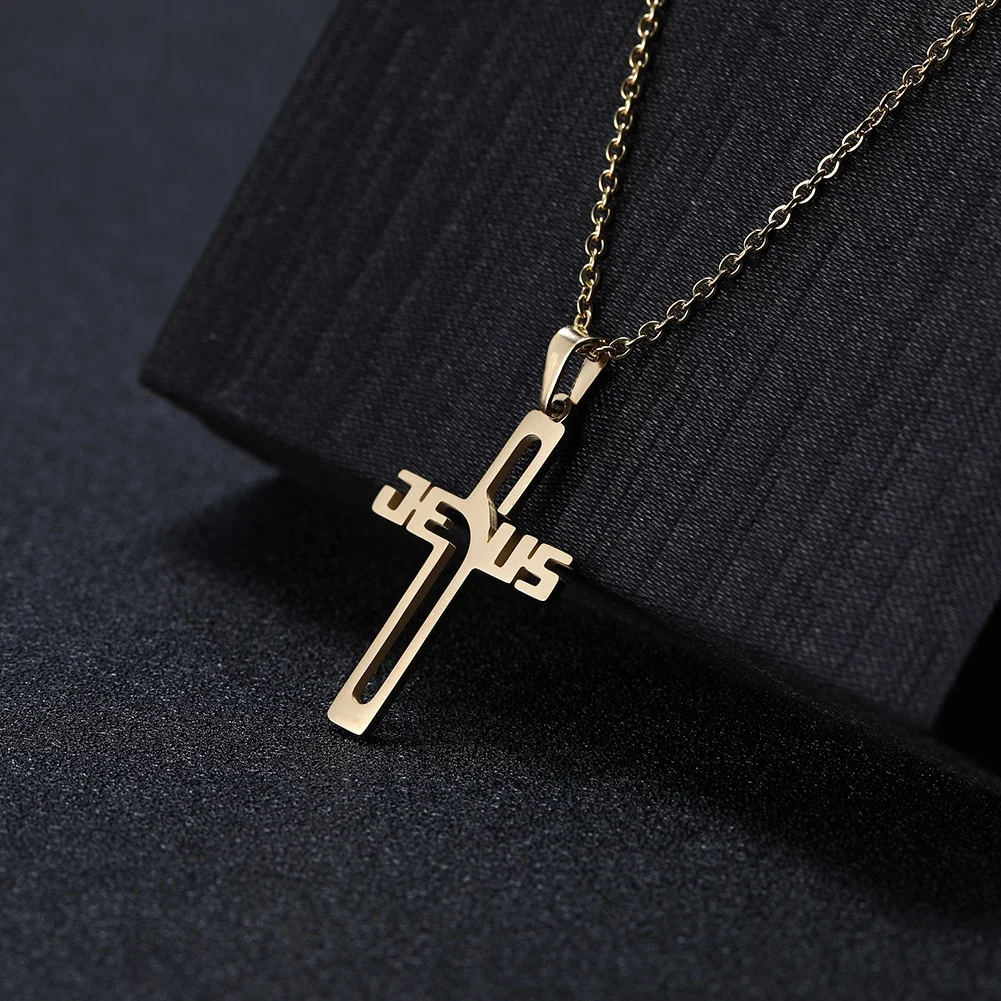 Gold Silver Jesus Cross Hollow Pendant Necklace for Women Men-VESSFUL