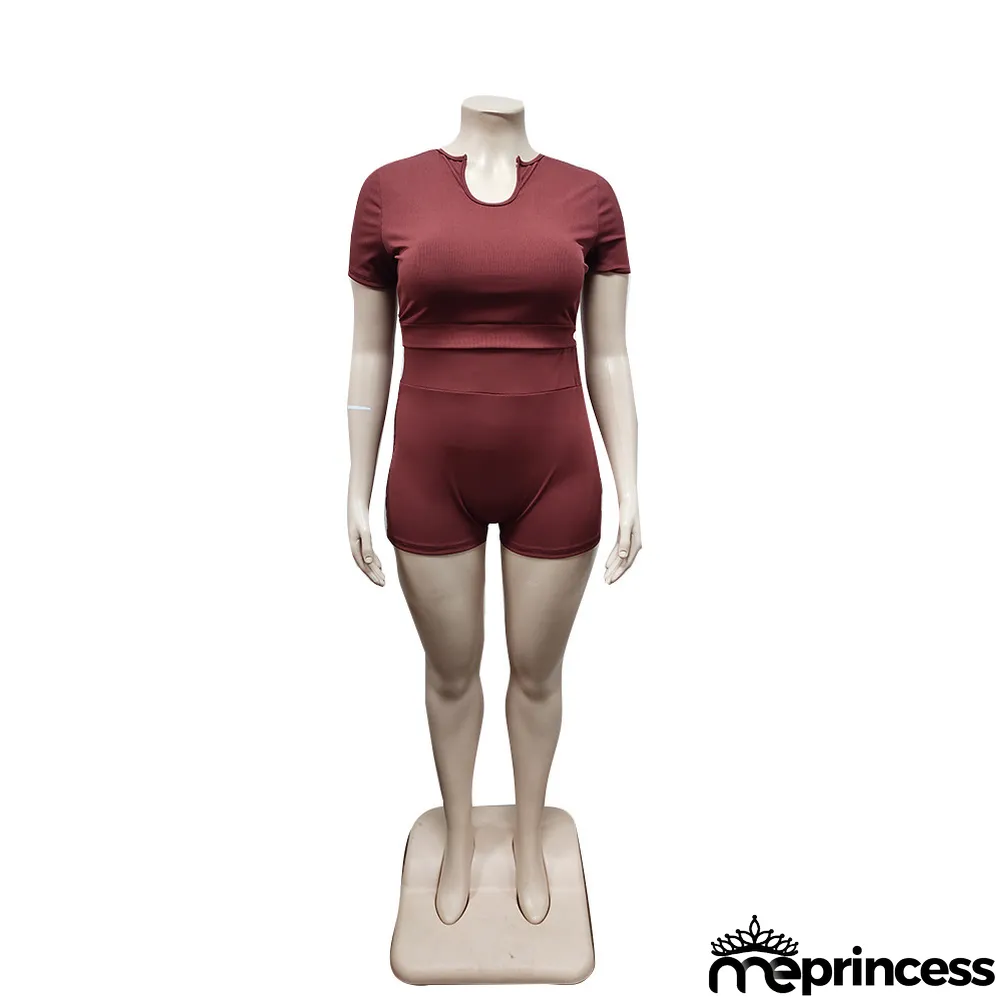 Plus Size Solid Color Short Sleeve Shorts Two Piece Sets