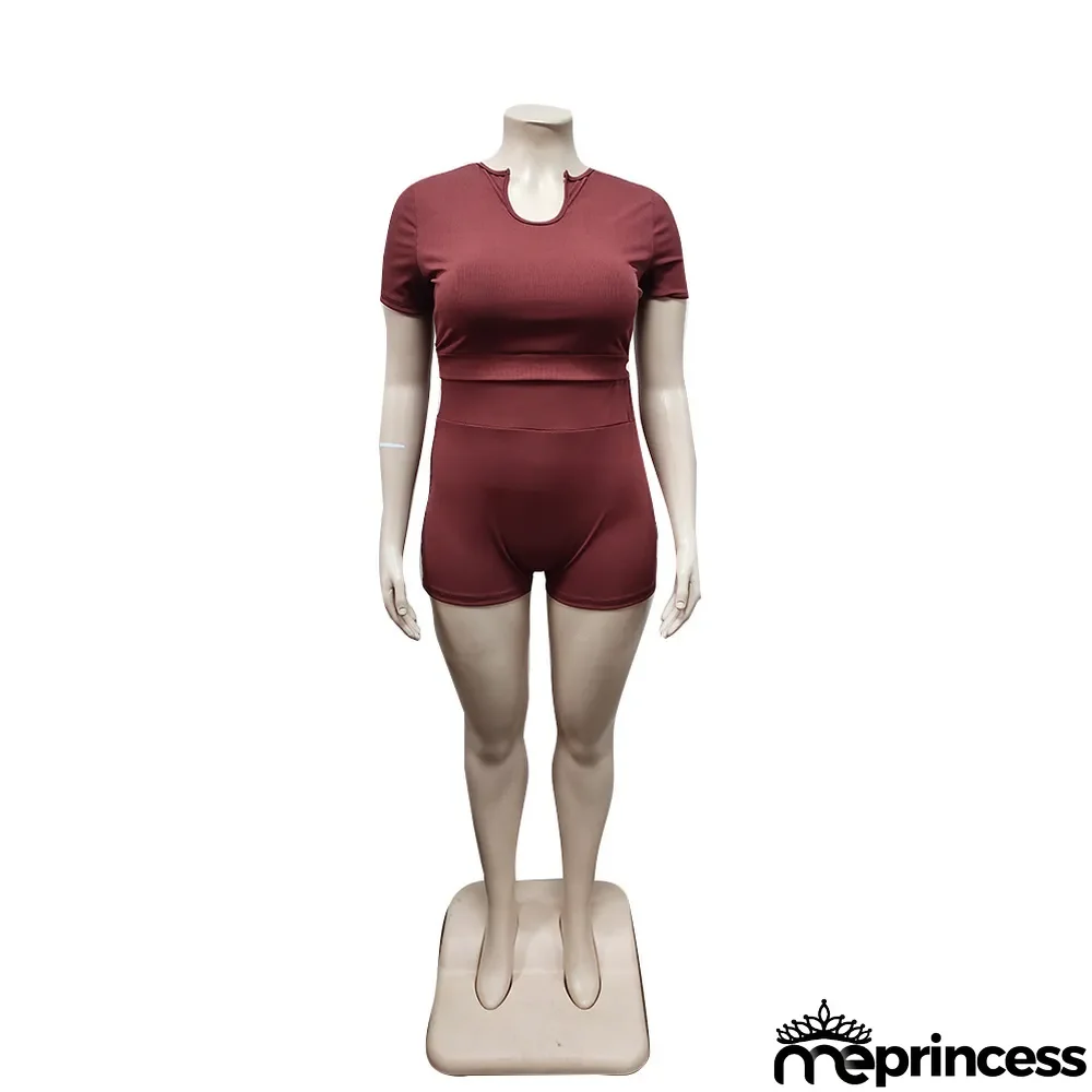 Plus Size Solid Color Short Sleeve Shorts Two Piece Sets