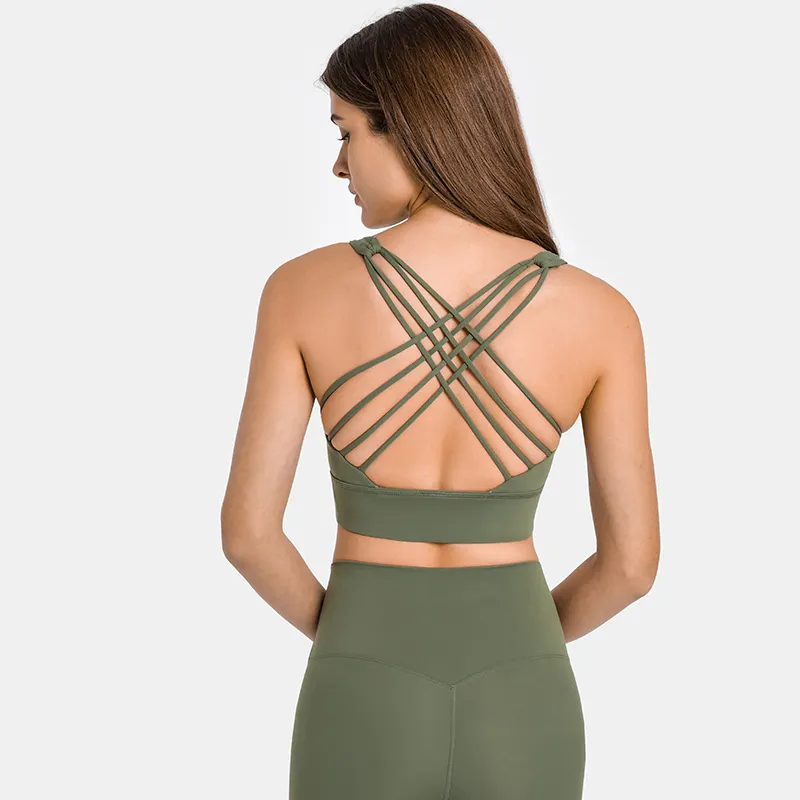 Green gray shop criss cross straps double sided brushed nylon shock absorber push up sports bra online at hergymclothing.com