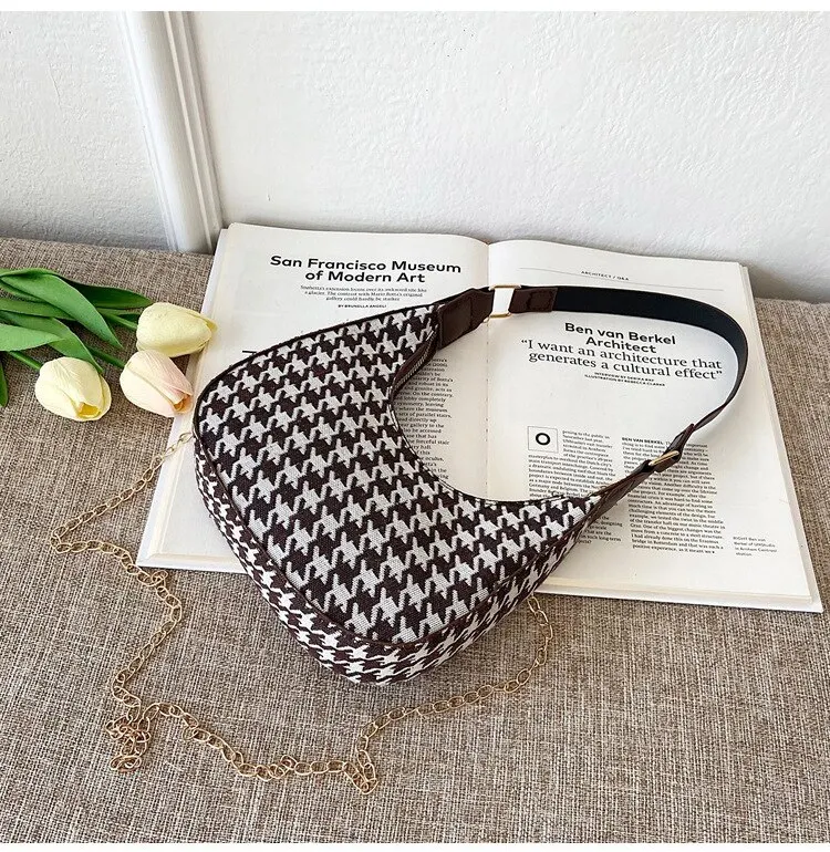 Plaid Canvas Women's Bag New PU Leather Crescent Shoulder Bag Fashionable Simple Zipper Pure Color Handbags for Women 2022