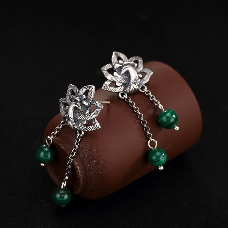 990 Sterling Silver Malachite Phoenix Peony Flower Bead Protection Drop Earrings