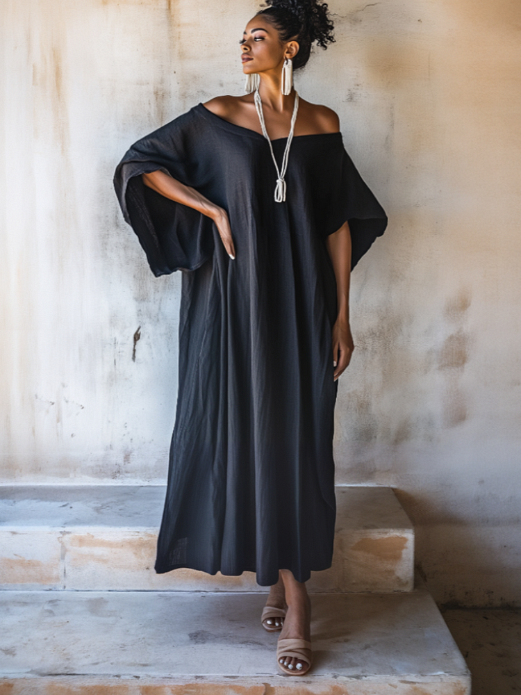 Black Linen Off Shoulder Dress