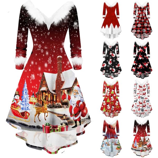 Plus Size Xs-5Xl Christmas Dress Fashion Women Long Sleeve Vintage Elegant V Neck Christmas Print Big Swing Party New Year Winter Clothes - Chicaggo