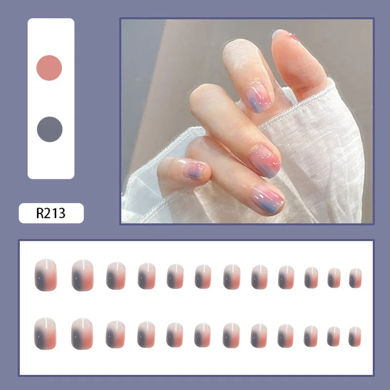 24pcs Pink Smudges False Nails Patch Glue Type Removable Short Paragraph Manicure Nail patch Finished Printing Fake Nails-Nail Inspo