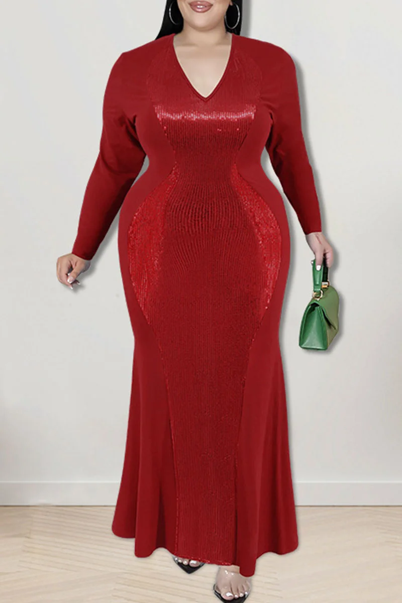 Red Sexy Solid Sequins Patchwork V Neck Long Sleeve Plus Size Dresses | EGEMISS