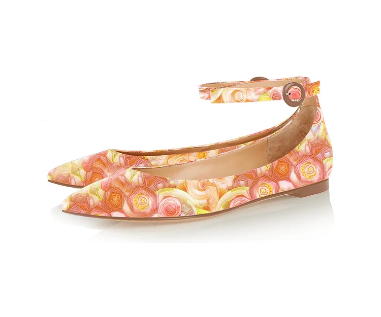 FSJ Orange Floral Ankle Strap Pointy Toe Flats All Size Avaliable |FSJ Shoes