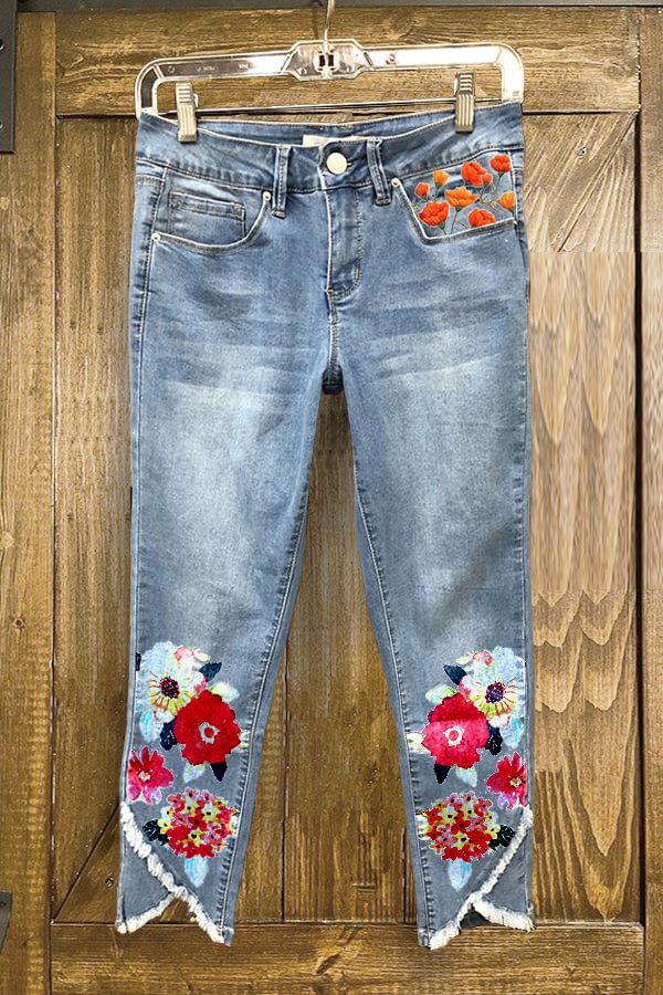 Floral Print Irregular Frayed Jeans