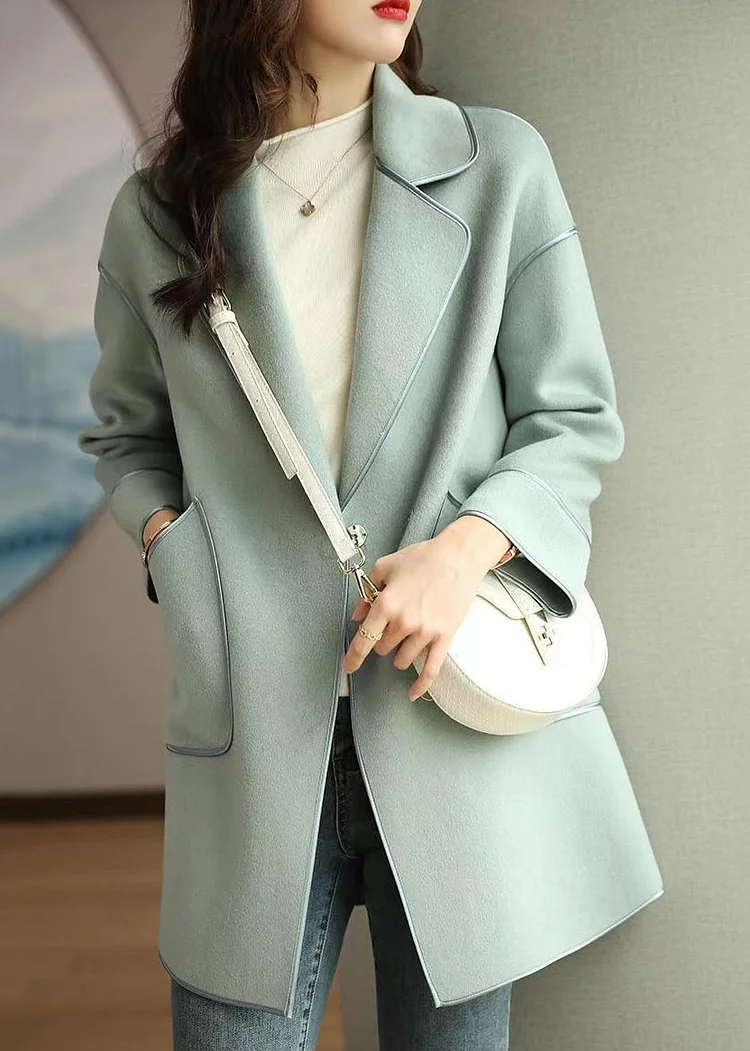 Modern Green Lapel Patchwork Pockets Woolen Coats Fall