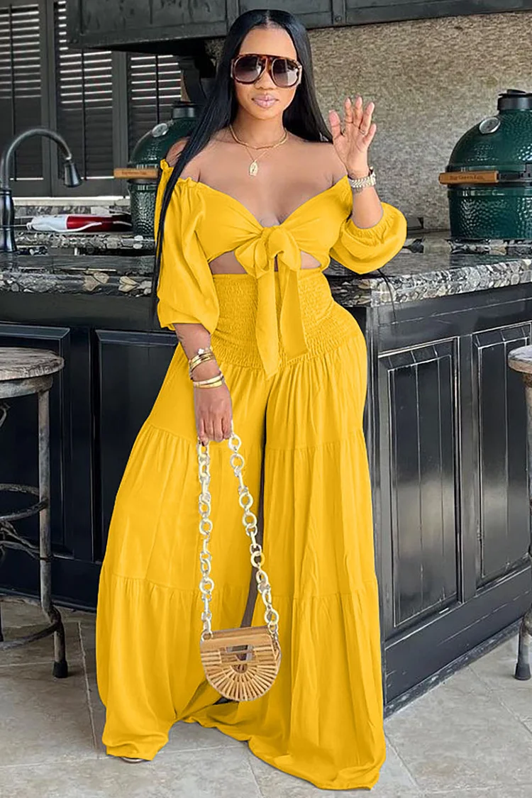 Off Shoulder 3/4 Lantern Sleeve Tie Up Crop Top Pleated Wide Flared Leg Vacation Pants Two-Piece Set