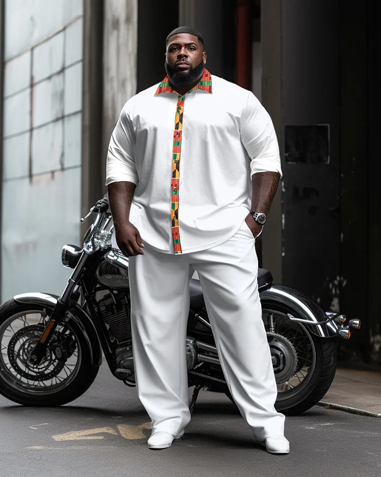 Plus Size Ethnic Style Men's White Patchwork Long Sleeve Lapel Shirt Two-Piece Set