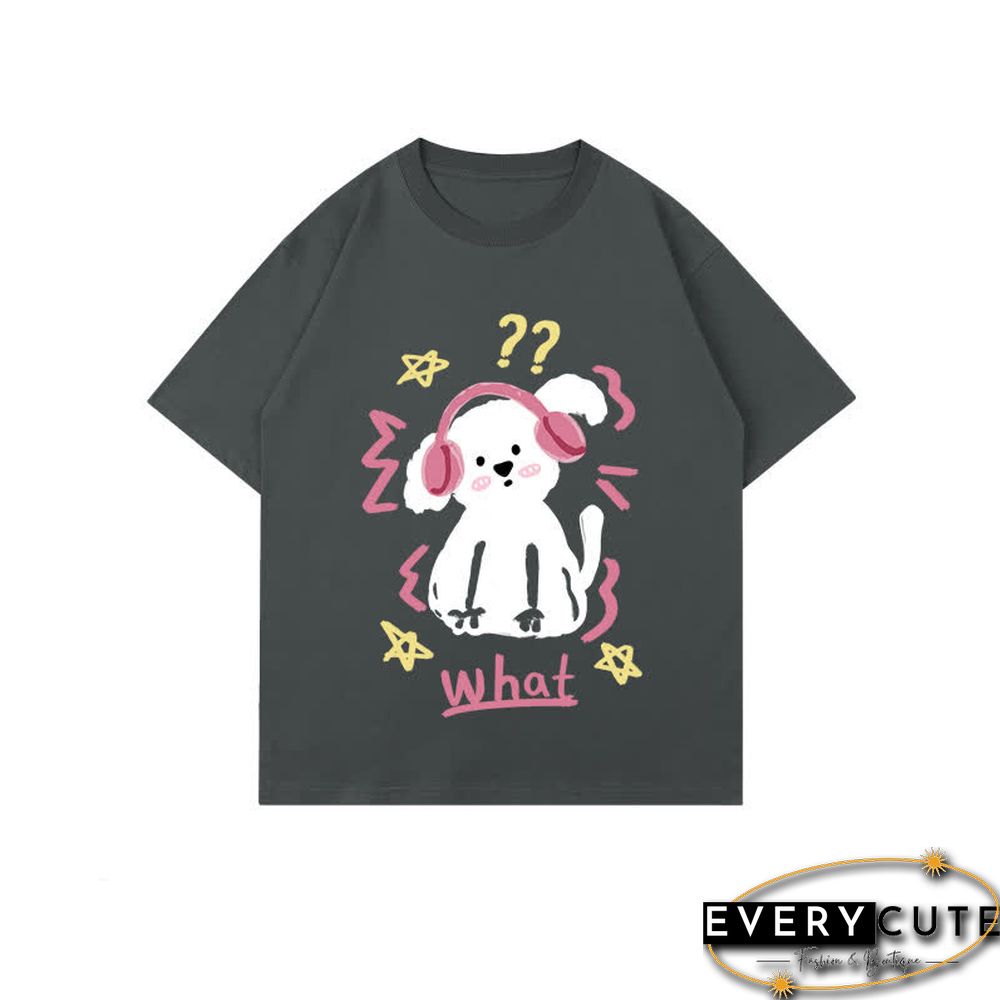 Kawaii Letter Puppy Print Round Collar Oversized T-Shirt