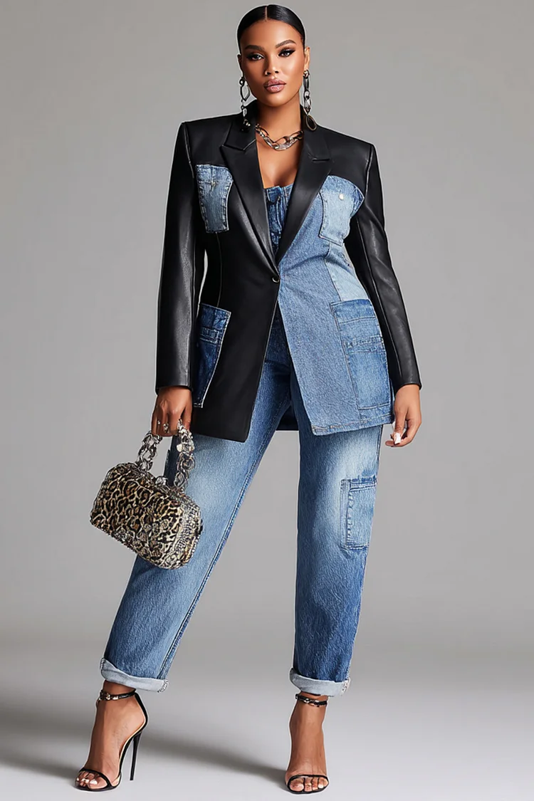 Xpluswear Design Plus Size Business Casual Blue Lapel Collar Long Sleeve Contrast Casual Cargo Denim PU Leather Two Piece Pant Suits [Pre-Order]