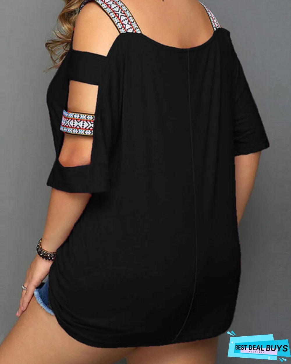 Print Cold Shoulder 3/4 Sleeves Casual Plus Size Blouses