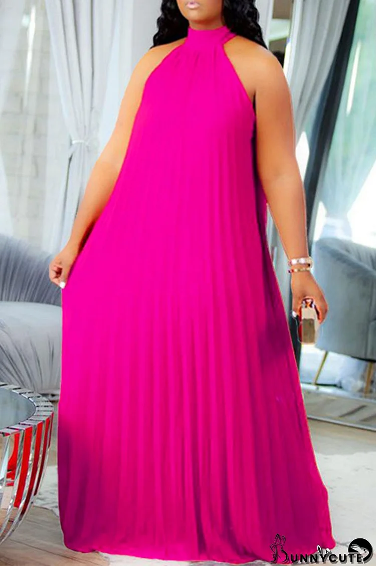 Rose Red Elegant Solid Patchwork Fold Halter A Line Plus Size Dresses