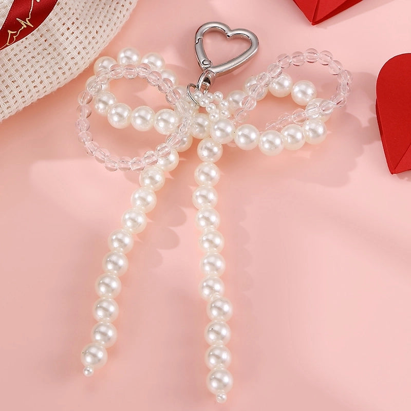 Sweet Cherry Heart Shape Bow Knot Artificial Pearl Alloy Polyester Bag Pendant Keychain