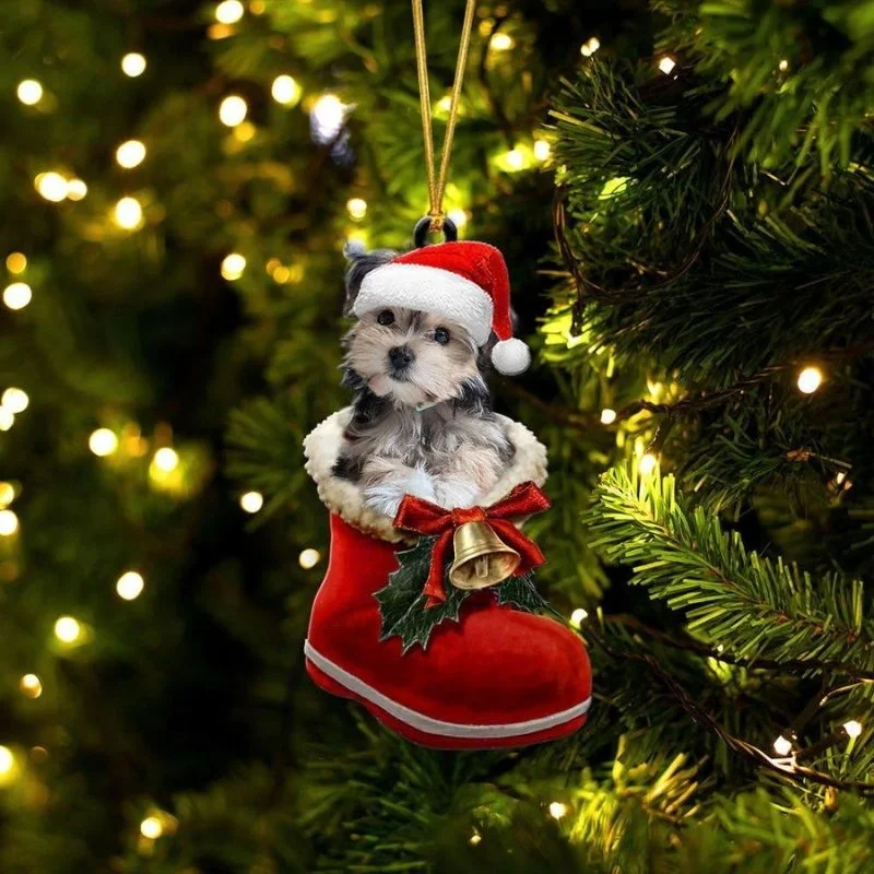 VigorDaily Morkie In Santa Boot Christmas Hanging Ornament SB111