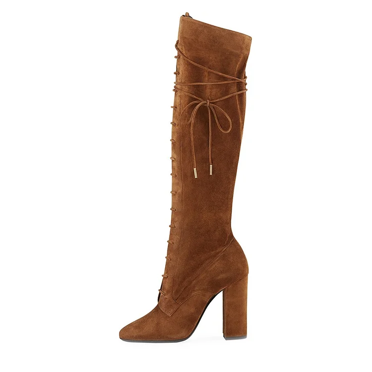 Brown Suede Lace Up Boots Chunky Heel Knee High Boots |FSJ Shoes