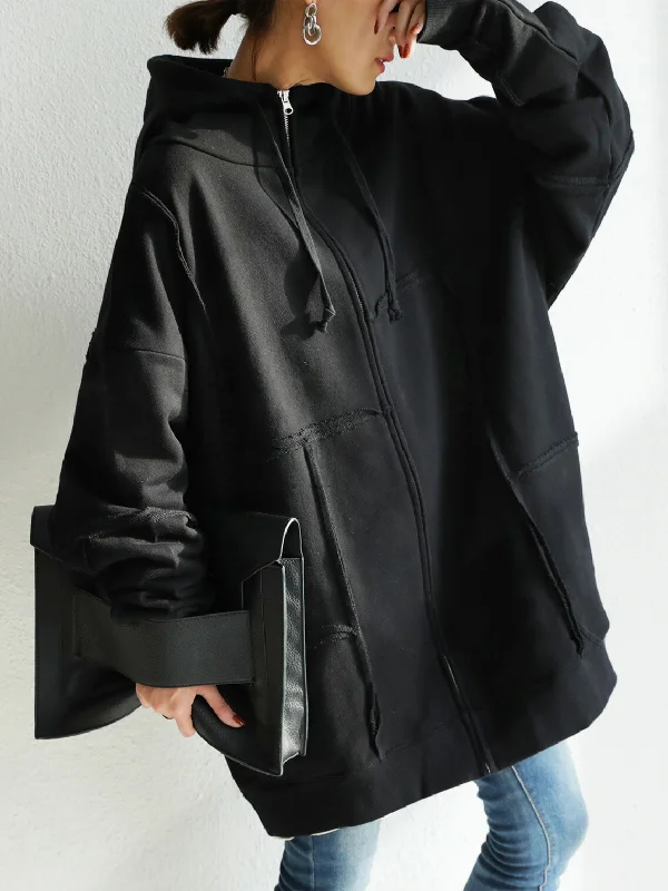 Stylish Roomy Split-Joint Asymmetric Drawstring Hooded High-Neck Jacket Outerwear