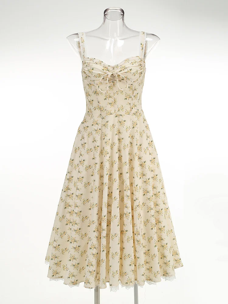 Woherb Hot Sale Of New Sexy Slings Print Dress Mid-Length Dress High-End Temperament Thin Tie Dress Dress Dress Dress
