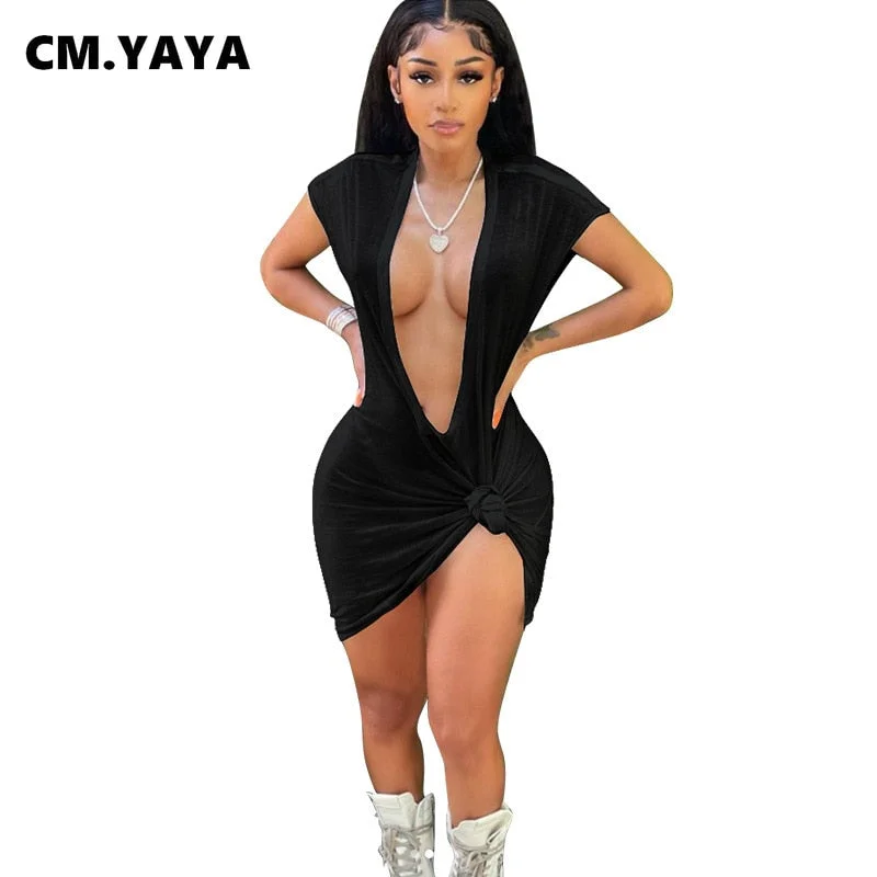 CM.YAYA Women Dress Solid Short Sleeve Deep V-neck Sheath Elastic Dresses Sexy Night Club Fashion Casual Outfit Summer 2021