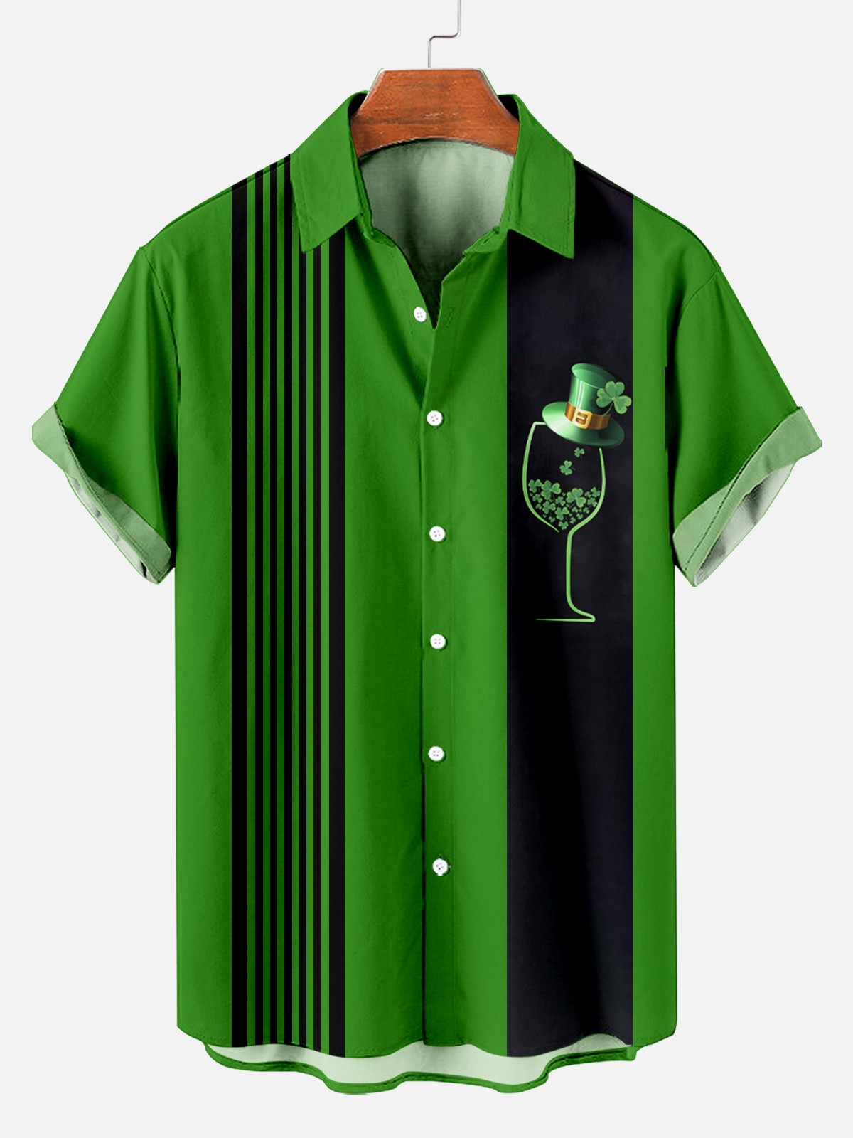 St. Patrick's Day Wine Glass Stripe Design Short Sleeve Men's Shirt PLUSCLOTHESMAN