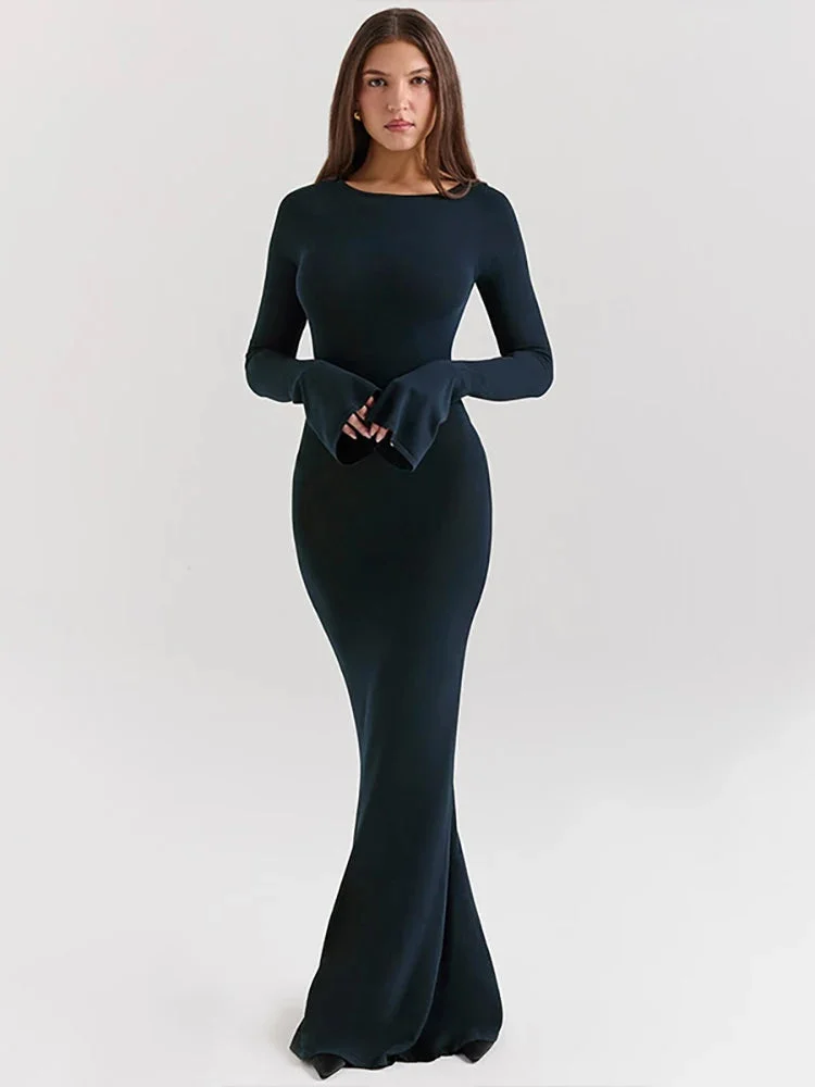 Toloer Blue Bodycon Long Sleeve Backless Maxi Dress-Outfit Ideas