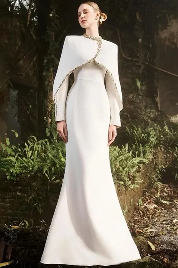 Rhinestone Trim Cape Sleeve Maxi Dress-White