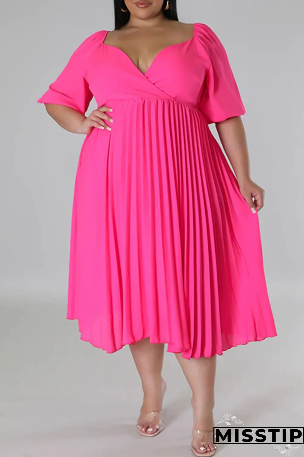 White Casual Solid Patchwork Fold V Neck Straight Plus Size Dresses