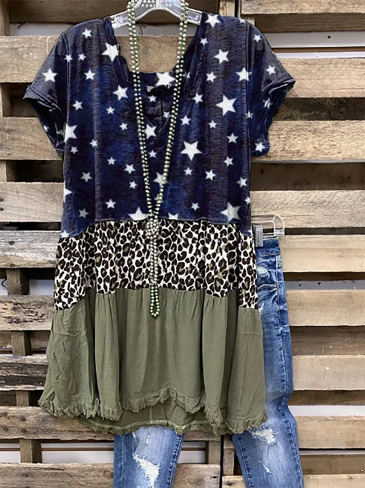 Women's Blue Crew Neck Leopard Patchwork Short Sleeve T-Shirt
