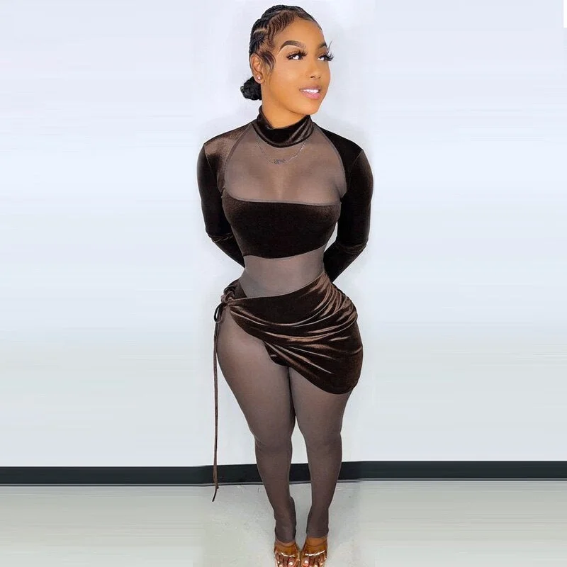 Hugcitar Women Fall Long Sleeve Hollow Out Crop Top Drawstring Irregular Mini 2 Pieces Set Bodycon Sexy 2021 Streetwear Club Y2K