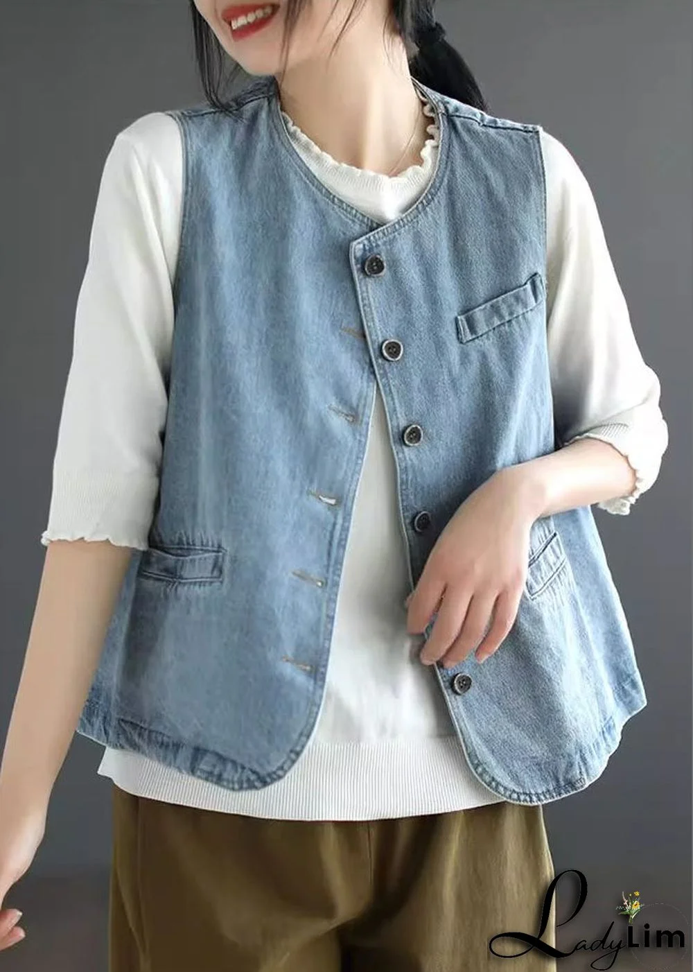 Light Blue Patchwork Denim Waistcoat Fall