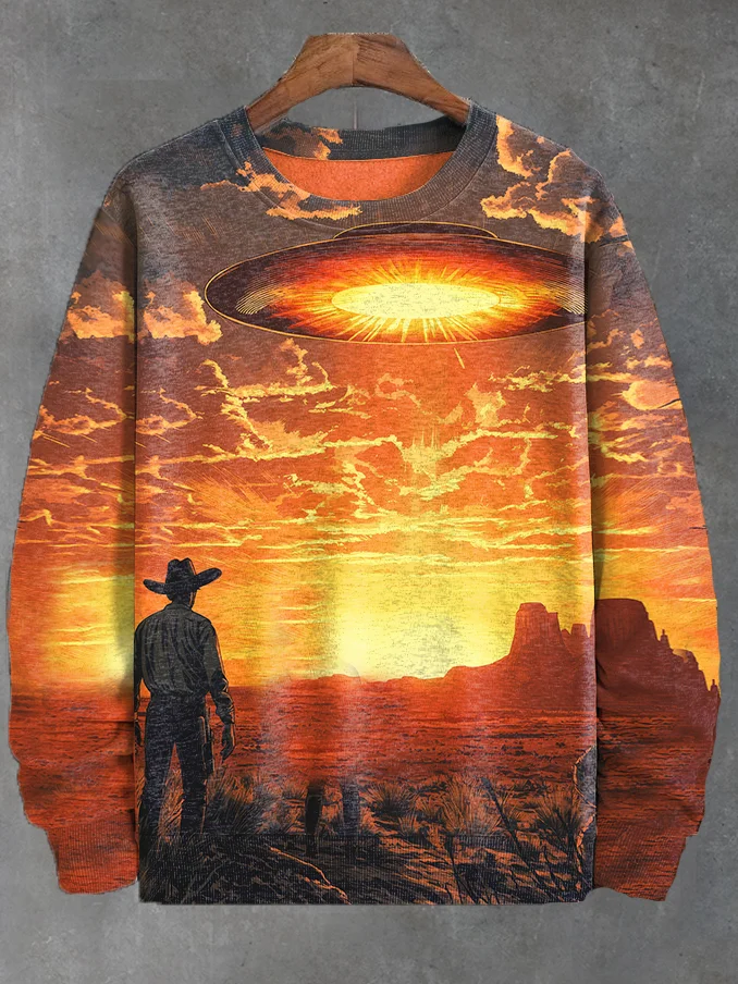 Men's Western Landscape Cowboy Sunset And UFO Art Painting Print Casual Sweatshirt