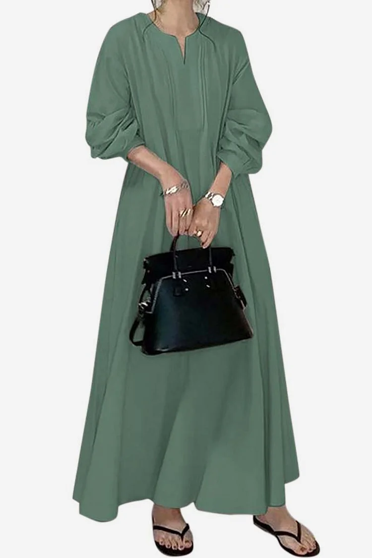 Linen Irregular Neck Long Sleeve Pleated Flowy Maxi Dress