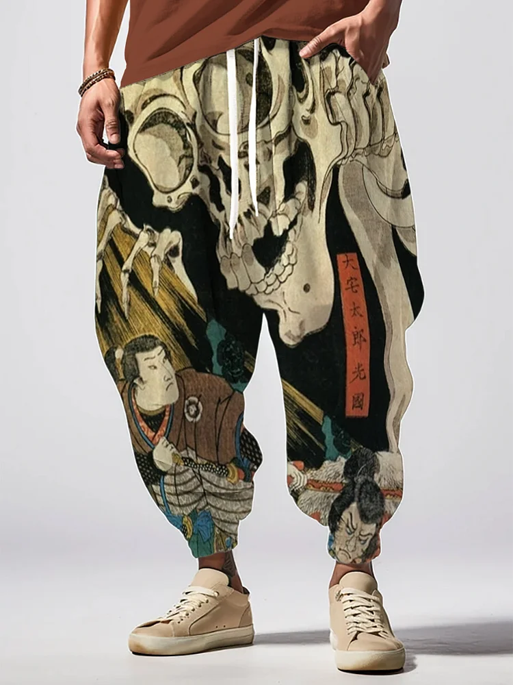Men's Japanese Samurai Skull Art Print Loose Drawstring Waist Sweatpants
