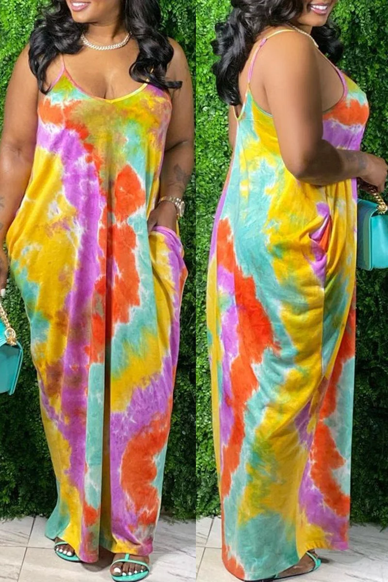 Sexy Casual Tie Dye Print Backless Spaghetti Strap Sleeveless Dress