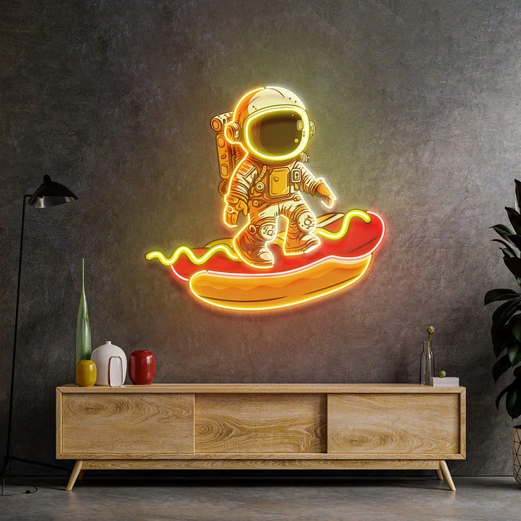 Astronaut on Hotdog Led Neon Sign Acrylic Artwork Food Business Shop Sign