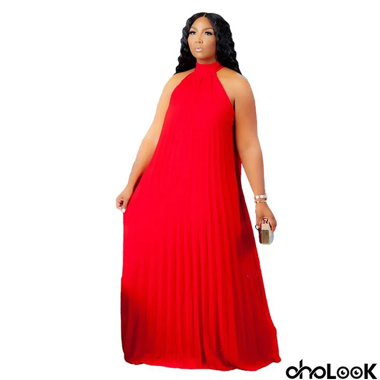 Women Fashion Casual Solid Color Pleated Sleeveless Plus Size Dress