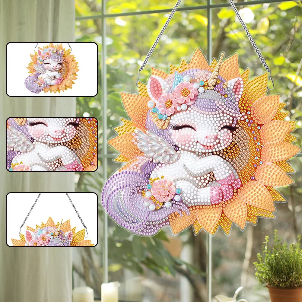 Single-Side Unicorn Diamond Art Hanging Pendant for Office Decor (Sunflower)