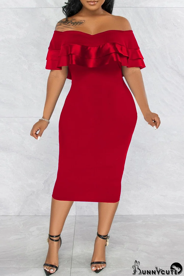 Burgundy Fashion Casual Solid Patchwork Backless Off the Shoulder Short Sleeve Dress