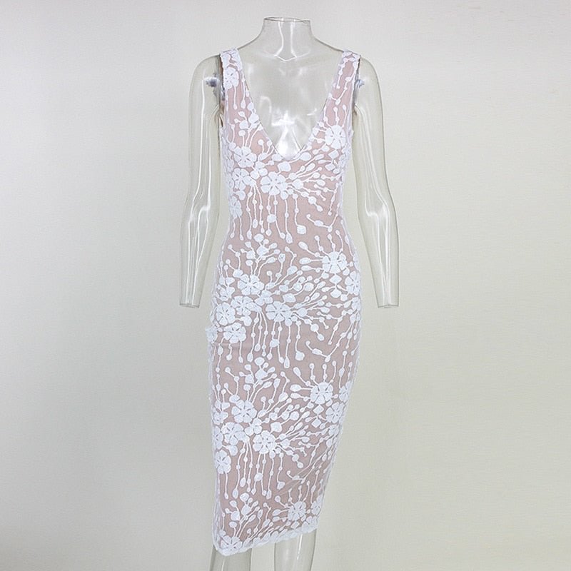 Ordifree 2022 Summer Women Sleeveless Party Dress Club Wear White Stretch Backless Sexy Bodycon Floral Sequin Pencil Dress