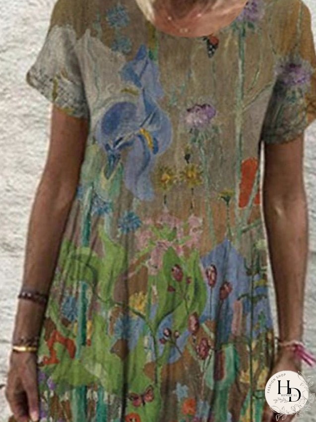 Casual Dress Shift Dress Long Dress Maxi Dress Wine Blue Green Short Sleeve Floral Print Spring Summer Crew Neck Basic Daily Vacation Weekend S M L XL XXL 3XL for Women