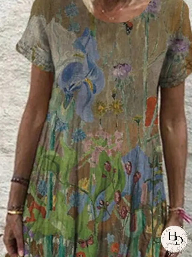 Casual Dress Shift Dress Long Dress Maxi Dress Wine Blue Green Short Sleeve Floral Print Spring Summer Crew Neck Basic Daily Vacation Weekend S M L XL XXL 3XL for Women